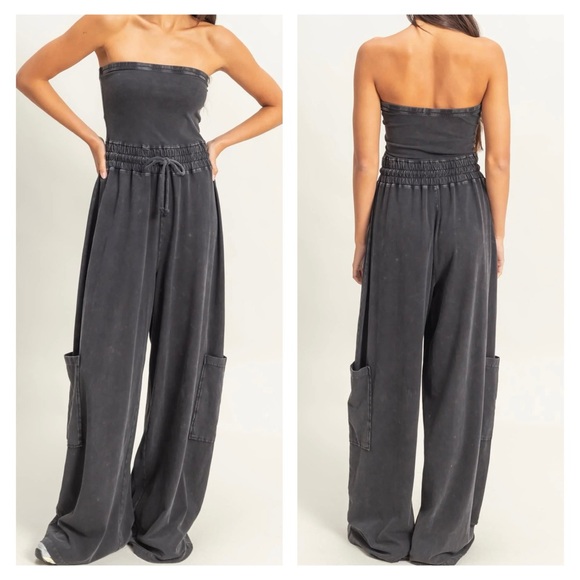 Pants - NWT Washed Cotton Tube Top Strapless Drawstring Cargo Pocket Wide Leg Jumpsuit
